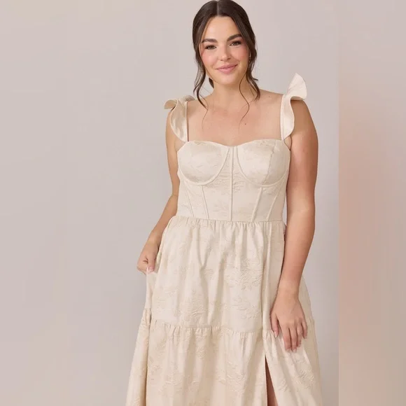 Revelry Luxe Violet Jacquard Dress Flutter Strap Corset Back Size 24 Champagne - Picture 3 of 16